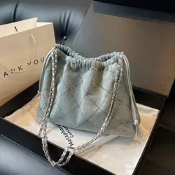 Denim Bucket Chain Shoulder Crossbody Bag for Women Casual Tote Handbag and Purses 2024 New Trendy Clutches Lady's Messenger Bag