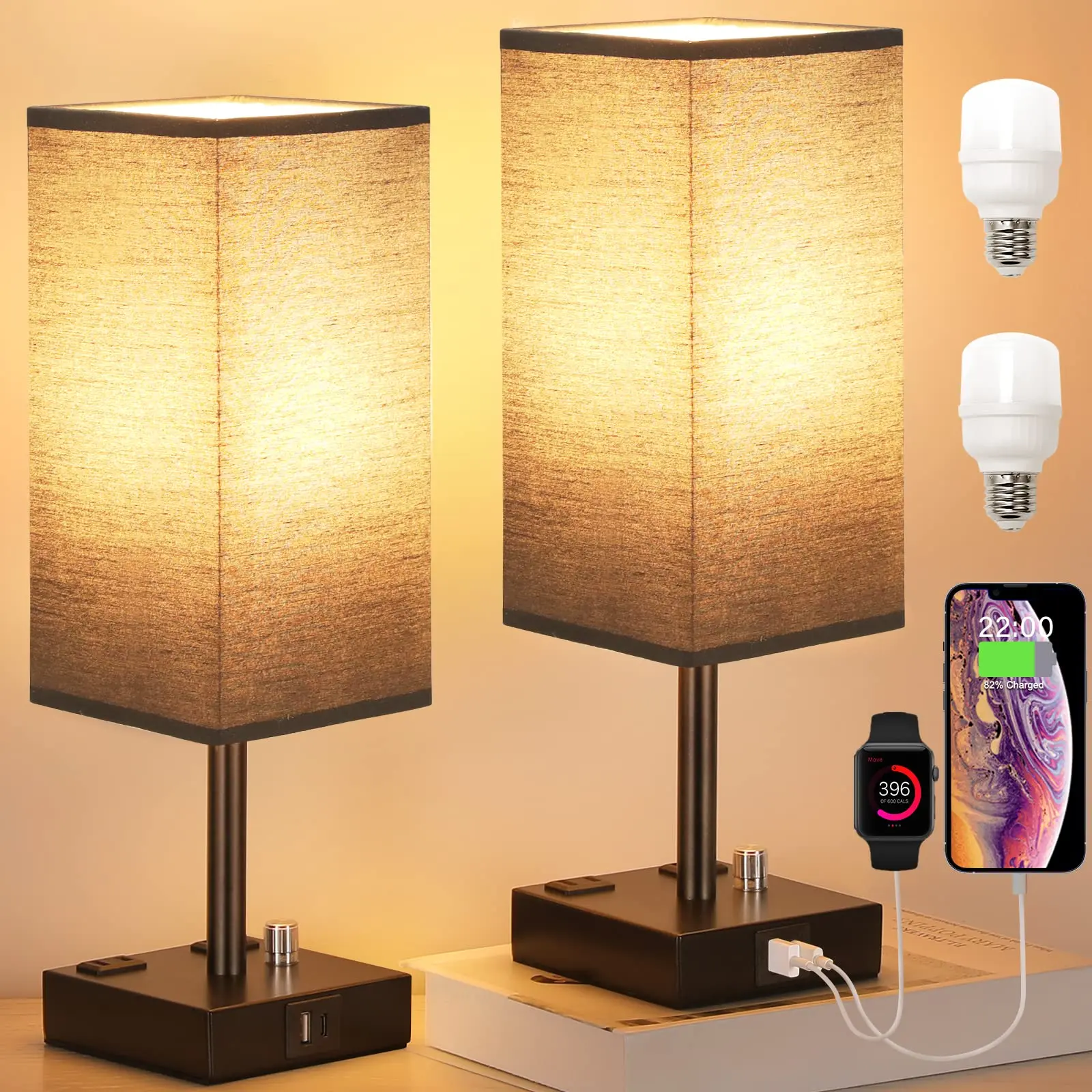 

Fully Dimmable Bedside Lamp Set of 2 Table Lamp with USB C+A Charging Ports Square Lamp Sets Black Fabric Shade for Bedroom