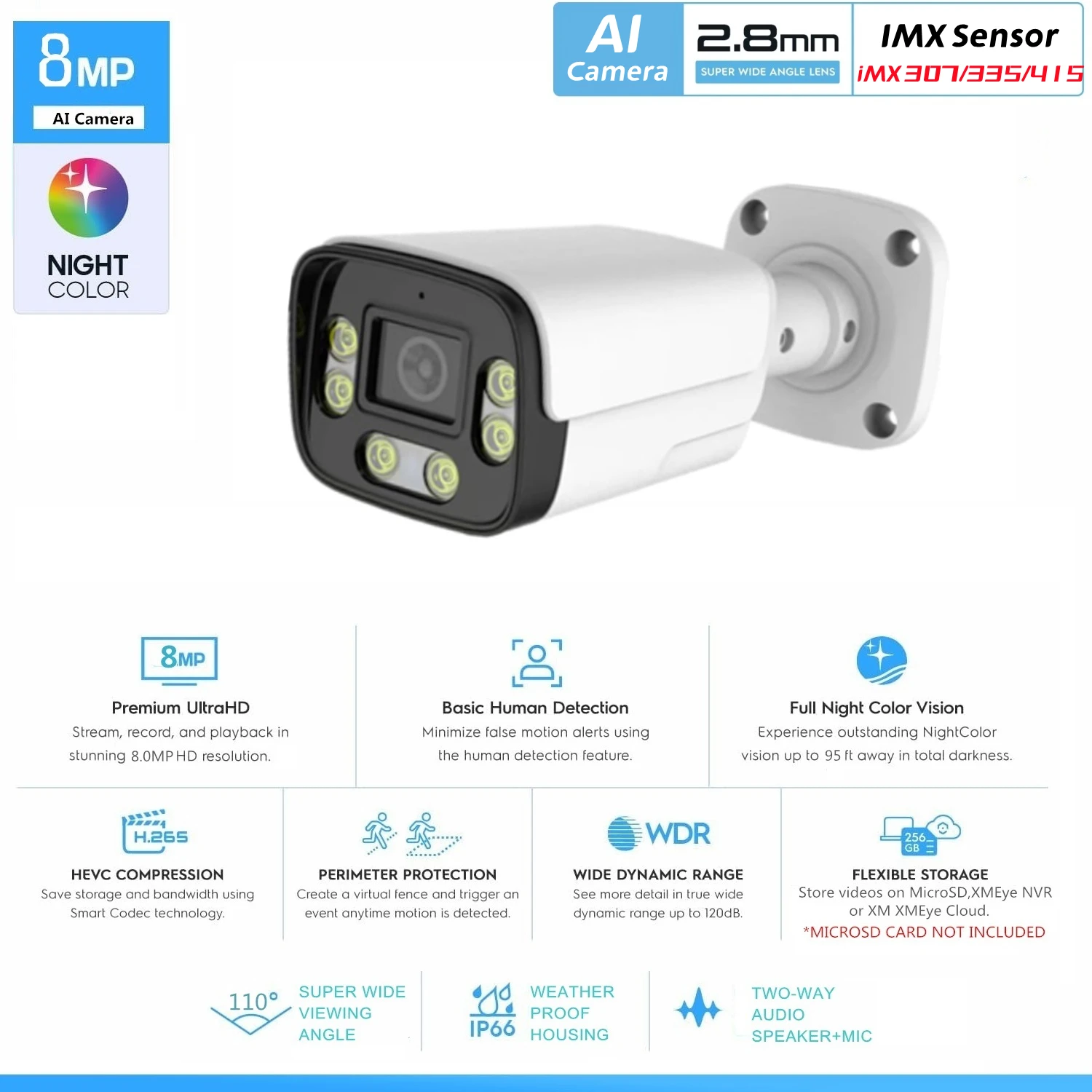 Imagem -01 - Câmera de Bala Impermeável com Detecção Humana Poe de Cor Noturna ai ip 8mp 6mp 3mp Imx307 Imx335 Imx415 H.265 camera de bala impermeavel com deteccao humana poe de cor noturna ai ip 8mp 6mp 3mp imx307 imx335 imx415 h265 01