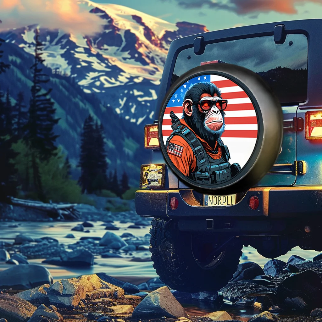 American Flag Military Chimpanzee Design Car Tire Cover - Heavy-Duty Polyester Fabric, Easy Install/Remove, Fit For SUVs/Trucks,