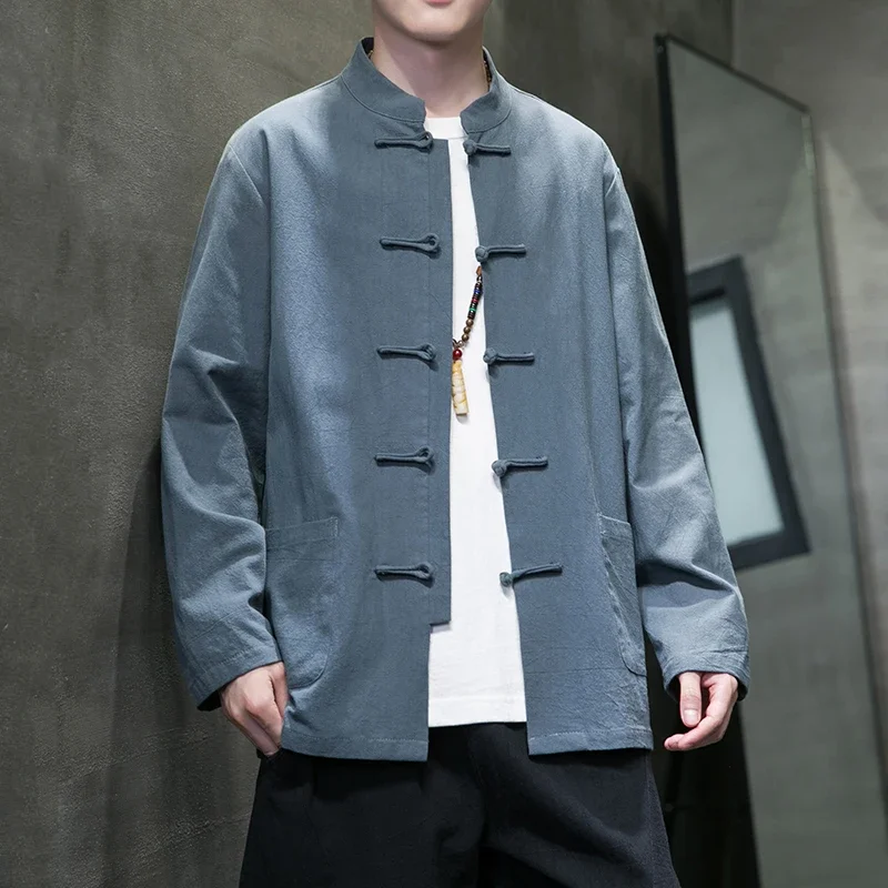 

Spring Autumn Long Sleeve Kung Fu Shirt Traditional Men Blouses 2025 Black White Chinese Shirt Man Cotton Linen Tang Suit Top