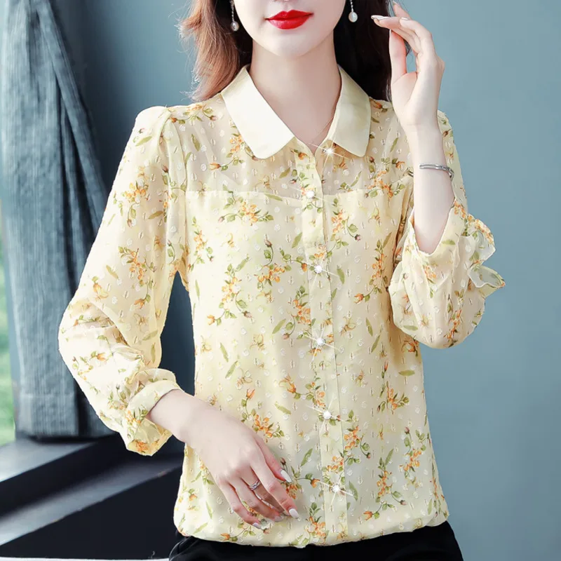 

#2549 весенне-летняя винтажная шифоновая рубашка с цветочным принтом, женские пикантные тонкие ретро топы и блузки с длинным рукавом, перспективные
