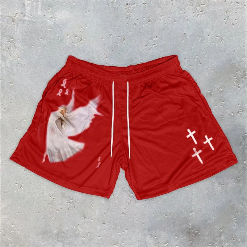 Y2K Christian Angel Cross Print Gym Shorts for Men Active Track Shorts with Pockets Athletic Workout Training Running Jogging