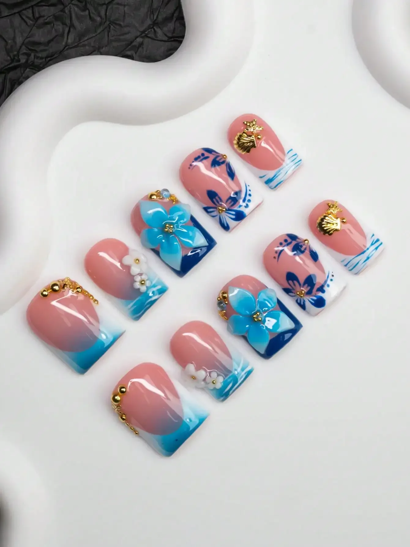 

10pcs Square Shaped Handmade Nail Tips, Y2K Baddie Style, Nude, White, Blue Nail Plates With French Edge, Carved Flowers, Beads,