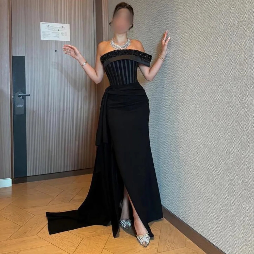 

Black Formal Strapless Evening Dress Customized Glisten Beading One Shoulder Party Gowns Simple Jersey Sweep Train Prom Dress