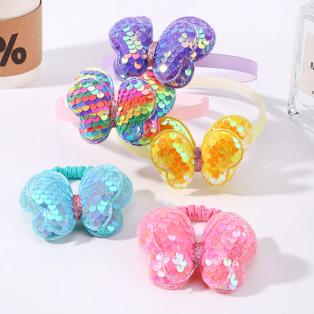 2Pcs Sequins Bows Hairbands Hair Ties Set Girls Shiny Butterfly Rubber Band Glitter Headband Kids Headwear Baby Hair Accessories