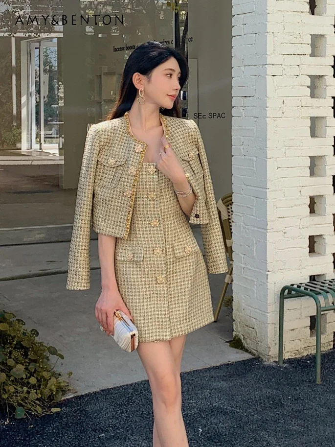 

Autumn New High-end Fashion Temperament Long-sleeved Jacket Vest Dress Two-piece Set French Graceful Socialite Tweed Dress Sets