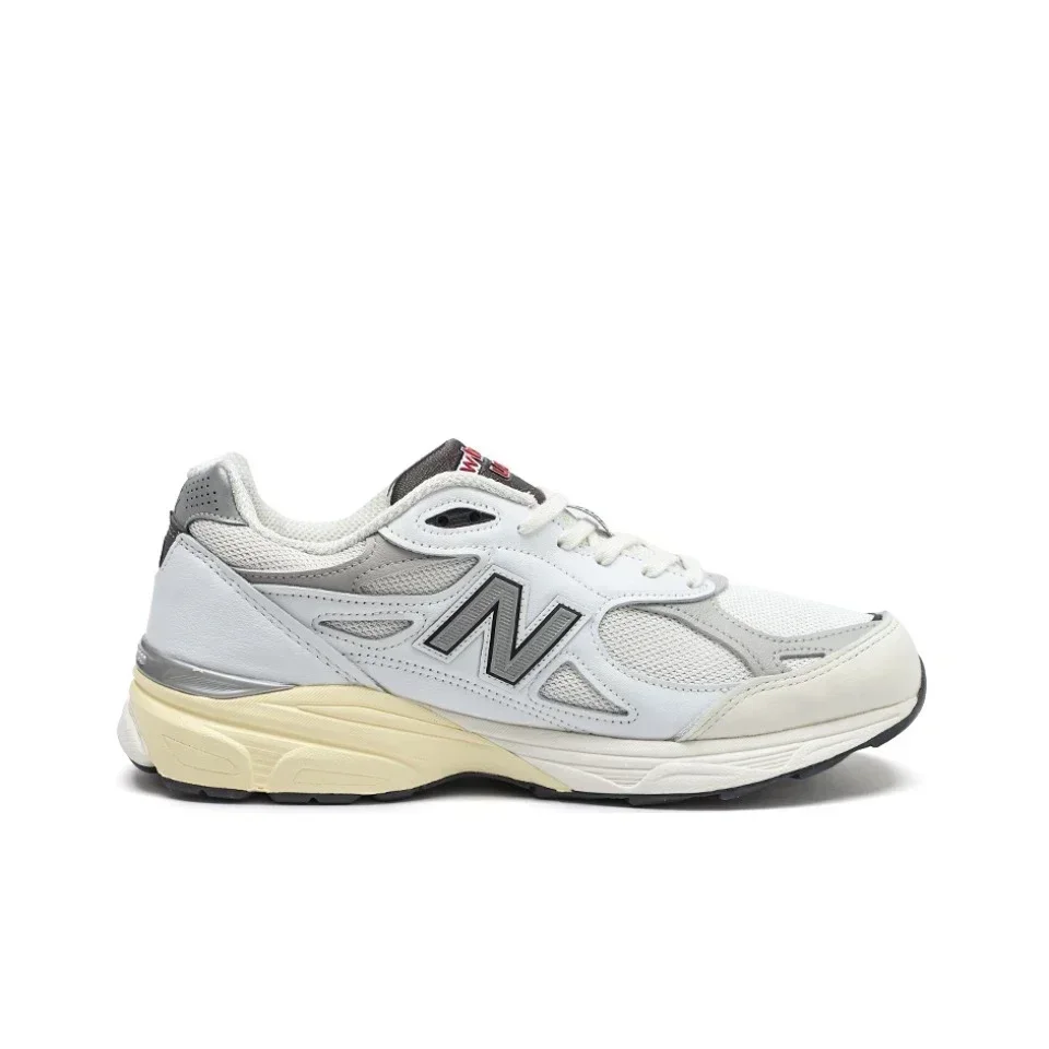 New Balance NB NB990 V3 sepatu lari pria dan wanita, sepatu kulit kasual kain jaring Vintage klasik warna putih perak M990AL3