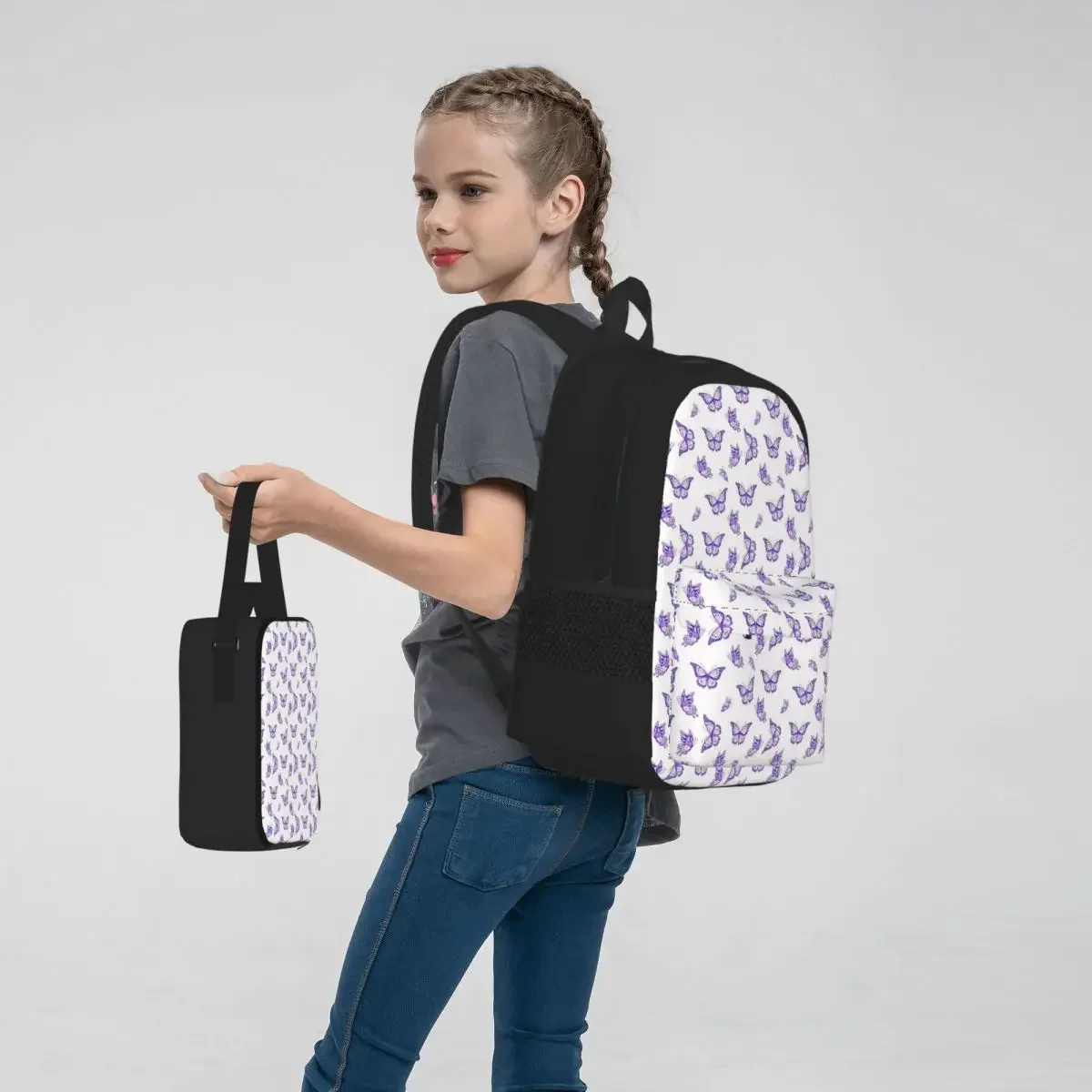 Purple Butterfly Print Backpacks Set para crianças, mochilas escolares, mochila infantil, lancheira, caneta, meninos e meninas Bookbag, 3 pcs