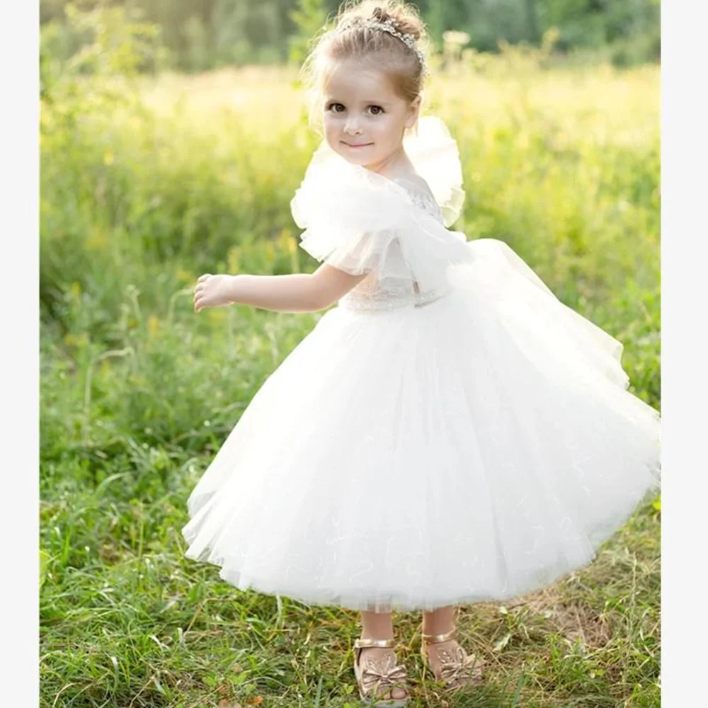 White Tulle Puffy Flower Girl Dress For Wedding Appliue Lovely Angel Princess Communion Ball Dress Birthday Party Ball Prom Gown