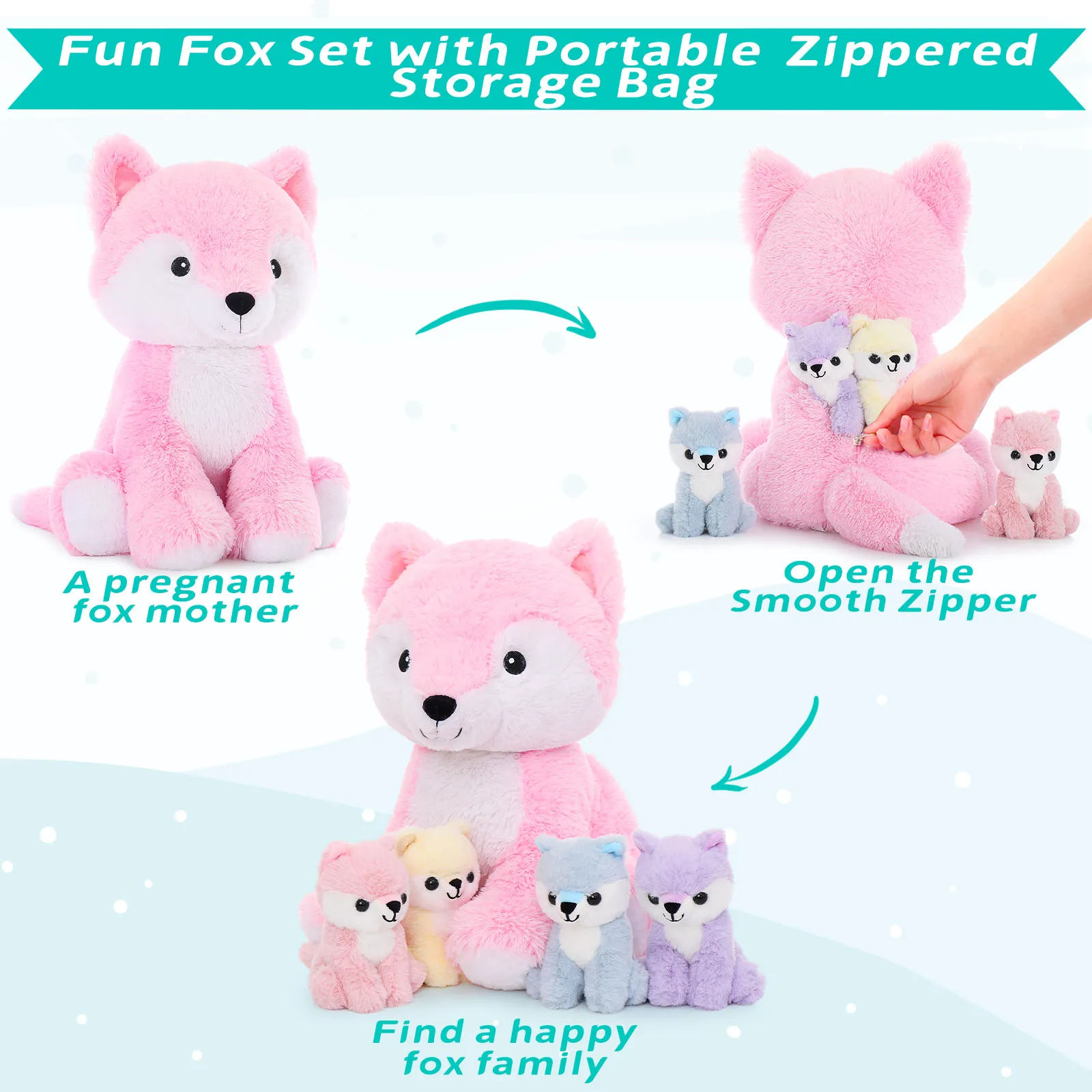 MorisMos renard animaux en peluche avec bébé à l'intérieur, doux 19 pouces peluche renard jouets maman et bébés ensemble, cadeau pour femmes, filles,