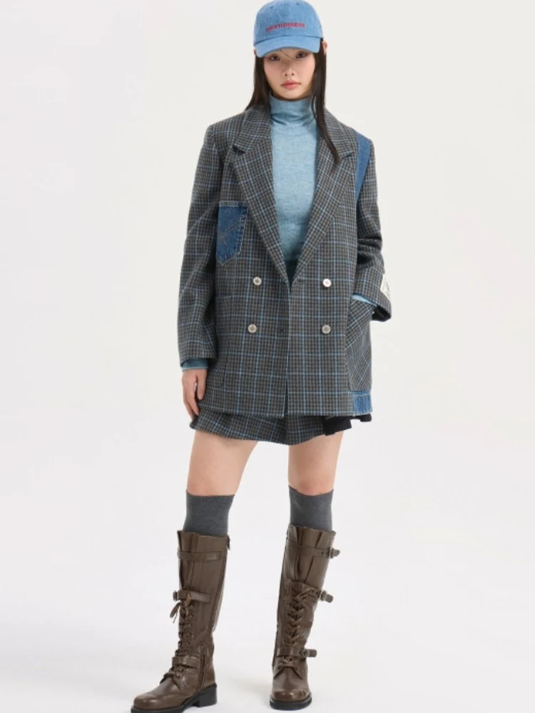 

Comfortable Loose Korean Sle Patchwork Denim Fabric Embroidered Plaid Suit Jaet Spring 2026 Women's Casual Long Sve