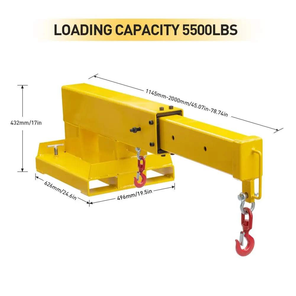 Forklift Jib Crane, Adjustable Forklift Mobile Crane Manual Telescopes 45"-78", 2.5T -3TCapacity, Flexible Adjustment Holes