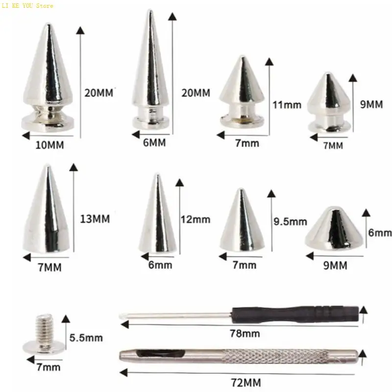 W3JE 354Pcs Metal Punk Spikes Rivets Leather Studs For Clothes Decoration