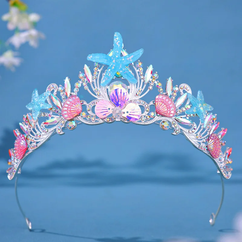 Kobiety rozgwiazda muszla z koroną z kryształu górskiego syrenka korona rybna styl oceaniczny kostium akcesoria do włosów księżniczka urodziny Tiara — zdjęcie 7