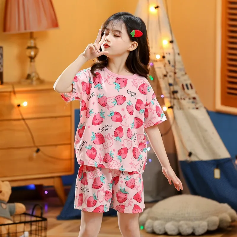 Children Summer Short Sleeve Set Home Use Sleepwear Pure Cotton Thin Air Conditioning Clothes Princess Girl Baby