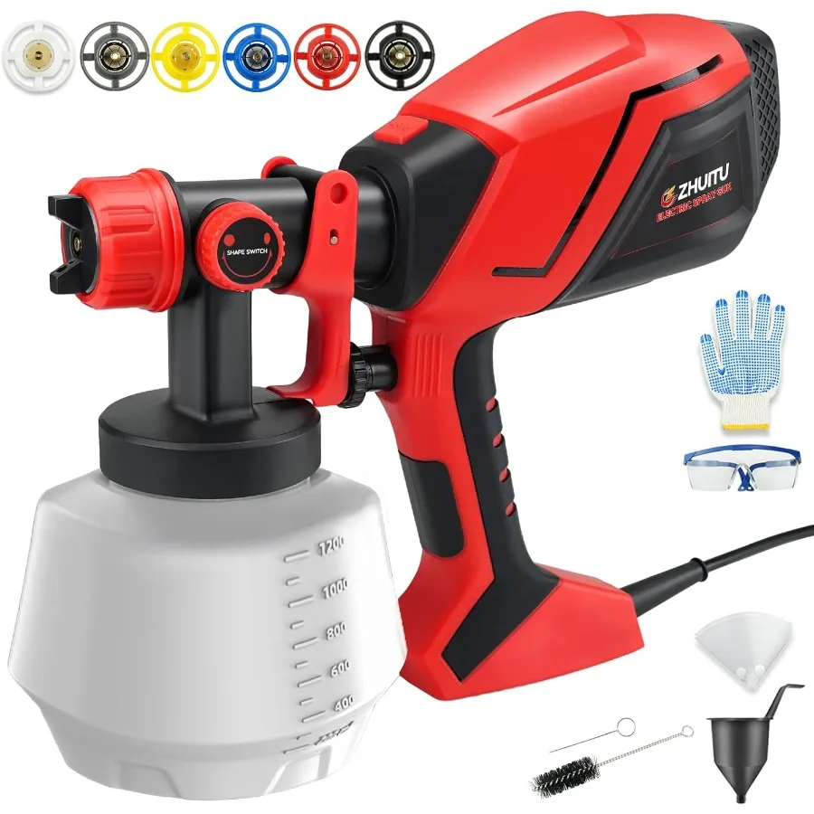 بخاخ طلاء كهربائي 1000 وات HVLP مسدس طلاء كهربائي مع 6 فوهات نحاسية و3 أنماط رش 1200 مل حاوية عالية السعة لـ #2