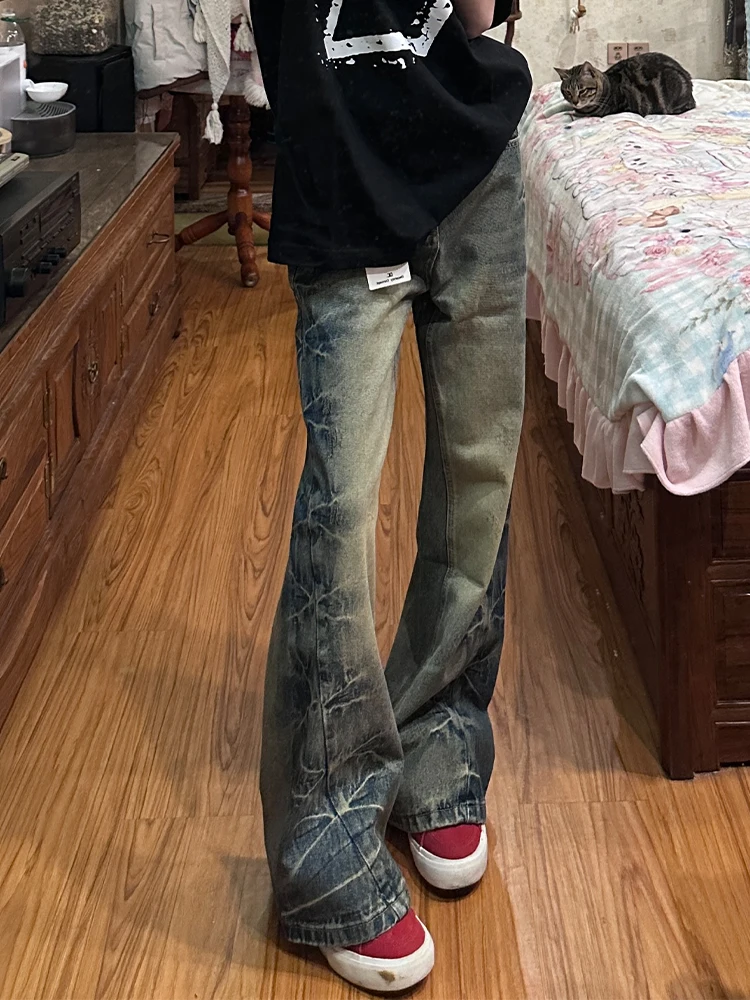 American High Street Retro Side Gathered Pleat Micro Flared Jeans Men Women Straight Leg Wide Leg Cleanfit Casual Long Pants ...