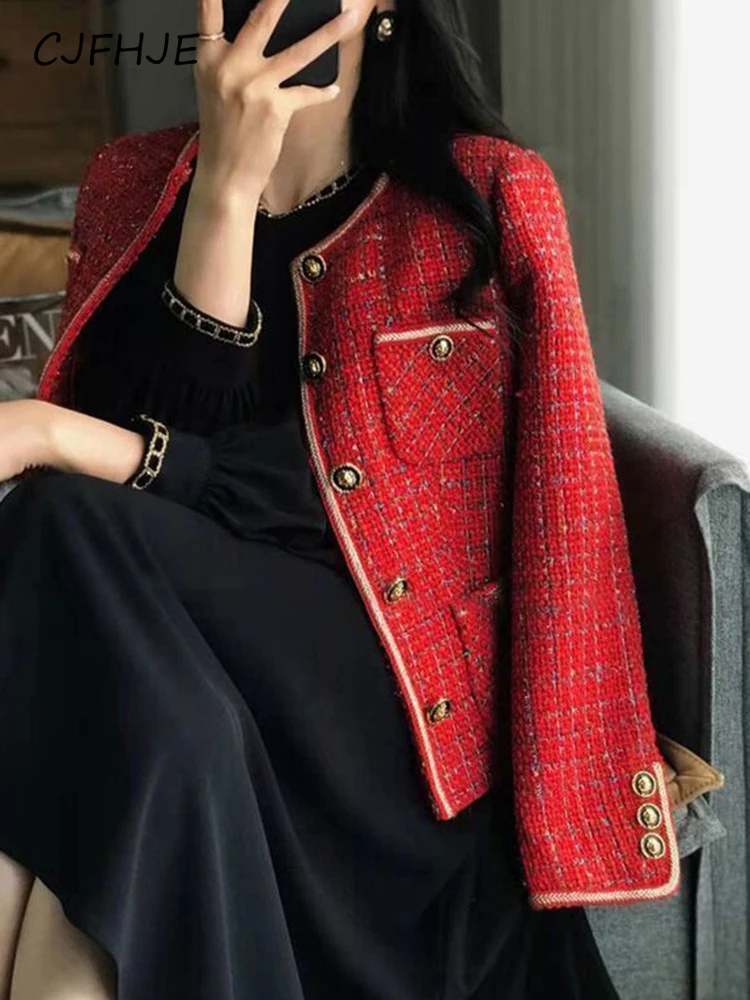 

CJFHJE Women Elegant Christmas Red Tweed Jacket Chic Buttons French Short Coat Sweet O Neck Long Sleeve All Match Lady Outwear