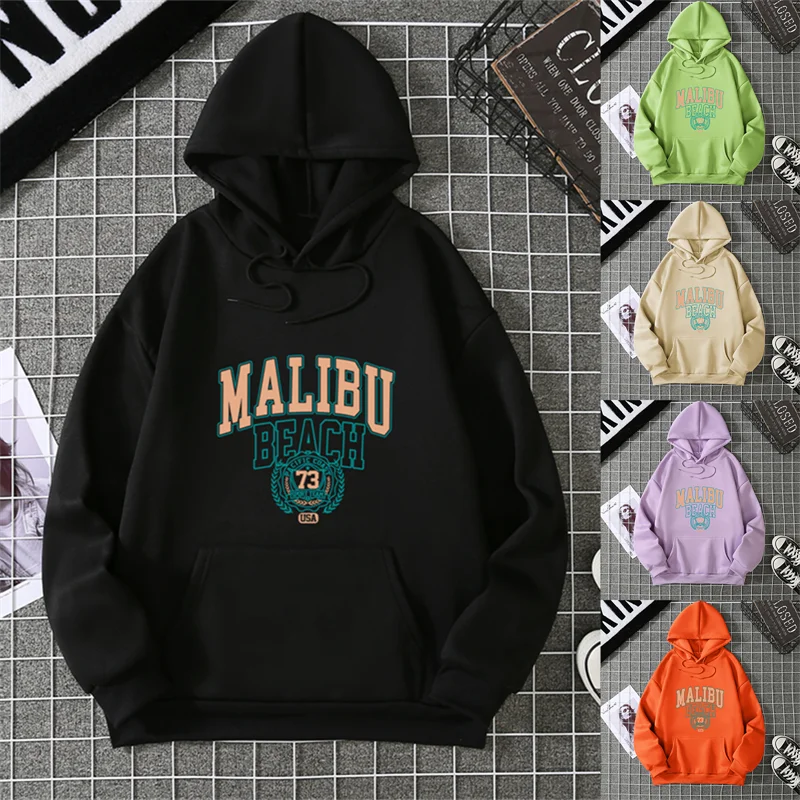 ريترو ماليبو شاطئ الفن رسالة يطبع هودي المرأة عادية الشارع البلوز الخريف موضة Y2K هوديس متعدد الألوان جيب الملابس