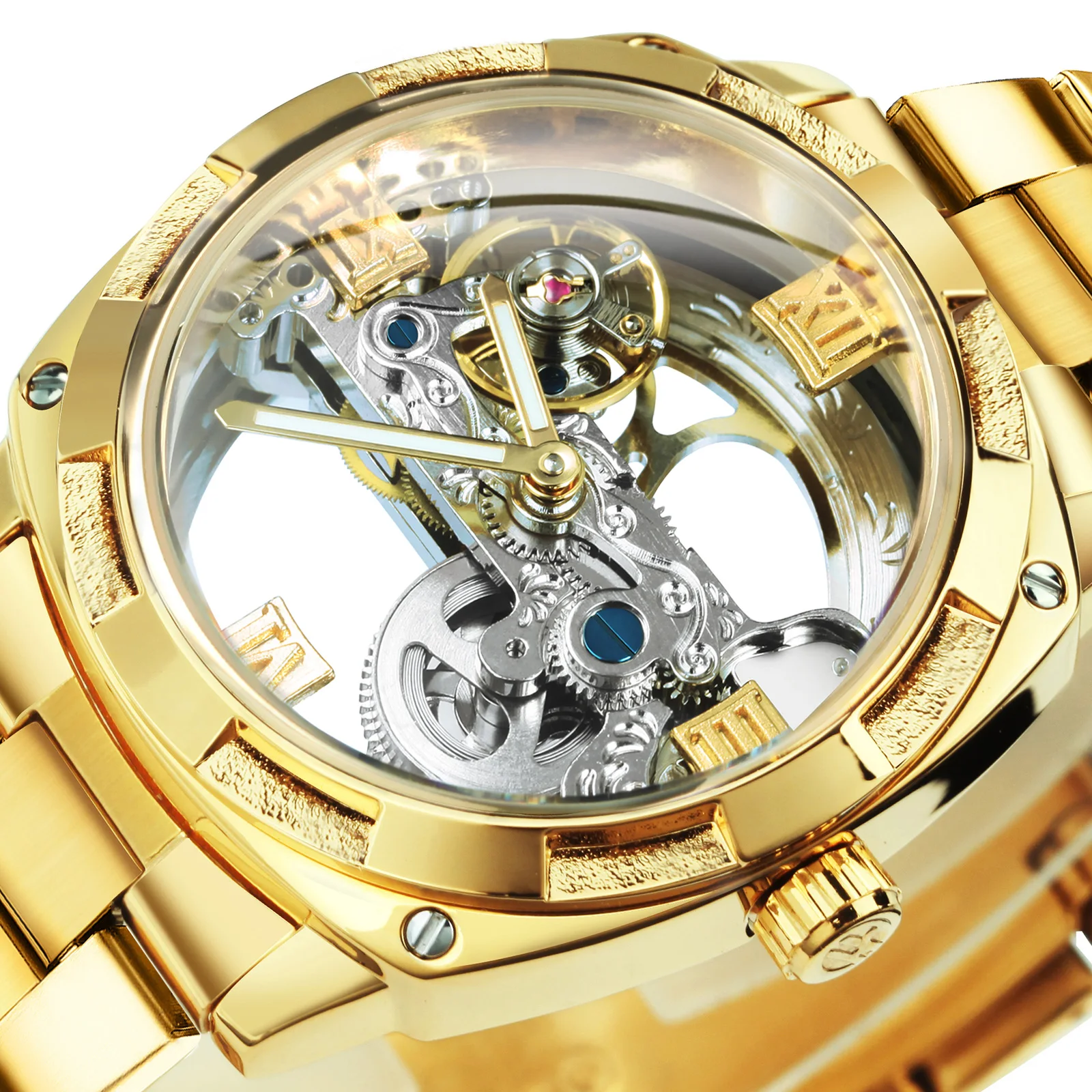 WINNER Luxury Skeleton Automatic Mechanical Watch for Men Luminous Hand Stainless Steel Band Business Golden Bridge Mens Watches