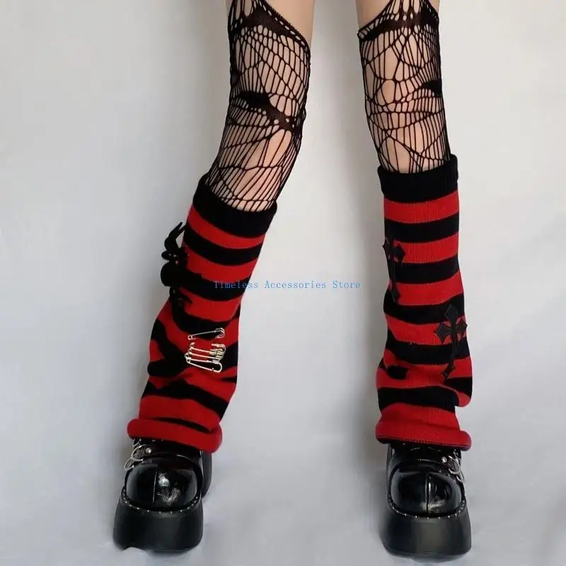 97QE Harajuku for Cross Leg Warmers 80s Party Dance Knitted Striped Socks for Women