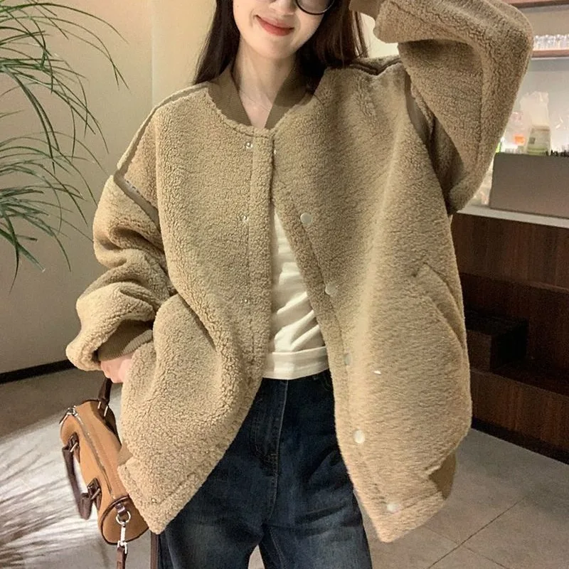 Winter 2024 New Short Thick Lambswool Coat Women Loose Baseball Uniform Jackets 2024 Autumn All-match Casual Female Tops