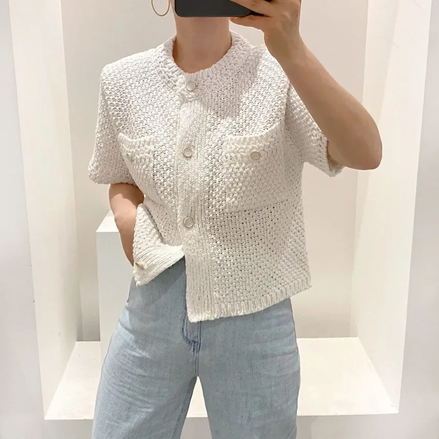 Korean Cardigan Women Clothing Short Sleeve Single Breasted Sweater O Neck Knit Black Tops 2023 Fashion White Coat Femme