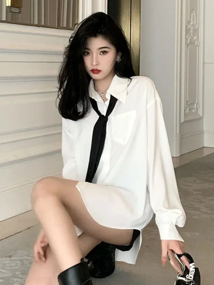 2025 moda solta gravata camisa branca feminina casual coreano blusa de manga longa primavera nova feminina todos os jogos turn down collar chiques topos
