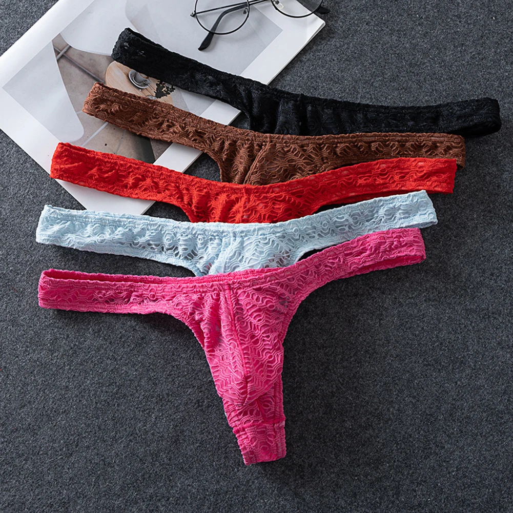Lace Floral Sexy Men's Underwear Solid Hollow Perspective Thong Comfort Bugle Enhance Sissy G-String Gay Low Rise T-back Panties