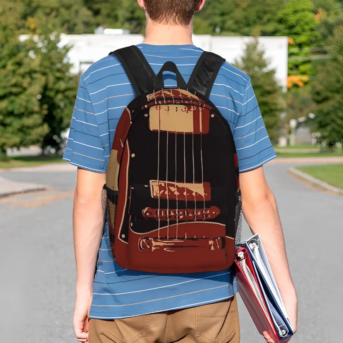 Red Cartoon Electric Guitar Backpack Student BookBag Children School Bag Computer Shoulder Bags for Boys Girls