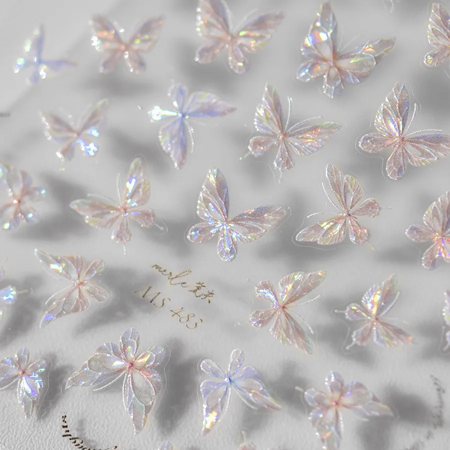 1 szt. Różowy lśniący Aurora Shell motyl naklejki do paznokci 5D samoprzylepne zdobienie paznokci projekt dekoracje naklejki DIY Manicure wysokiej jakości