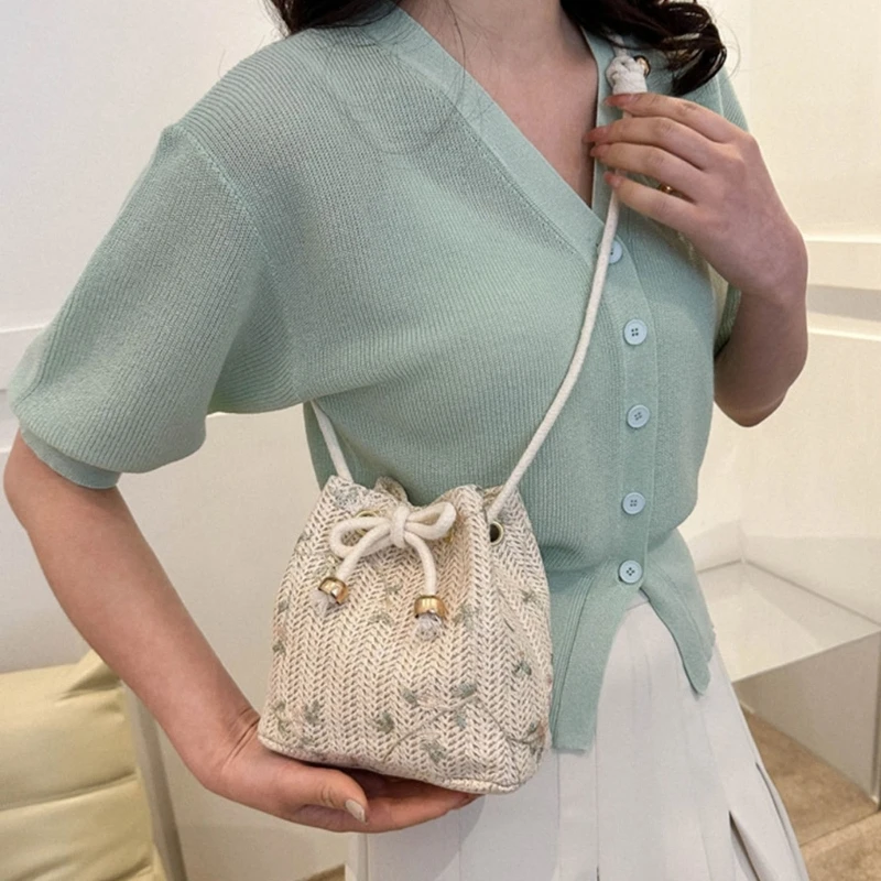 Women Straw Bucket Bag Female Drawstring Shoulder Bag Summer Beach-Handbag Ins