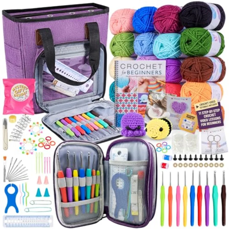 

Deluxe Beginner Crochet Kit 116-Piece Set with 20 Yarns Ergonomic Hooks Accessories Book for Beginners and Online Tutorial DIY