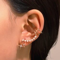 1Pc Pearl Ears Cuffs Earrings For Women Gold Color Fake Cartilage Y2k Ear Clip Awn Star Zircon Stud Earring Fashion Jewelry Gift