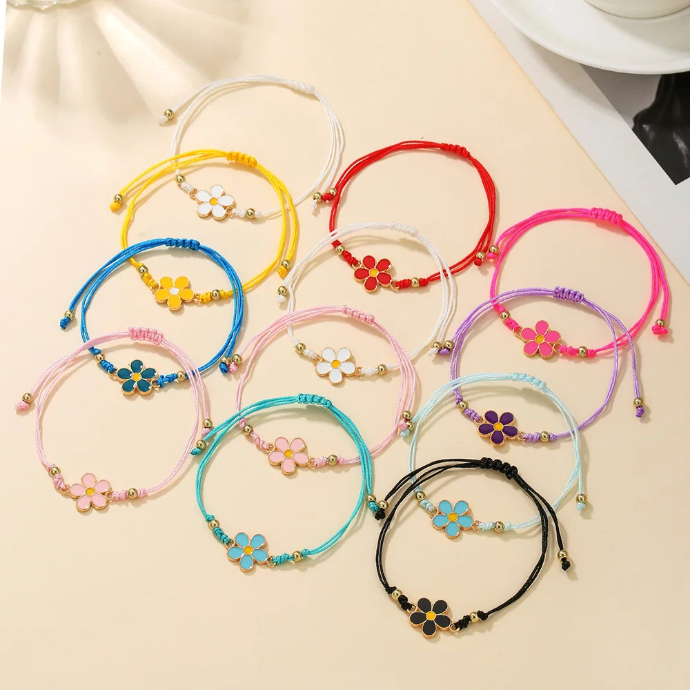 12pcs Colorful Enamel Flower Braided Rope Bracelet, Adjustable Drawstring Woven Bracelet, Cute Boho Friendship Jewelry for Girls