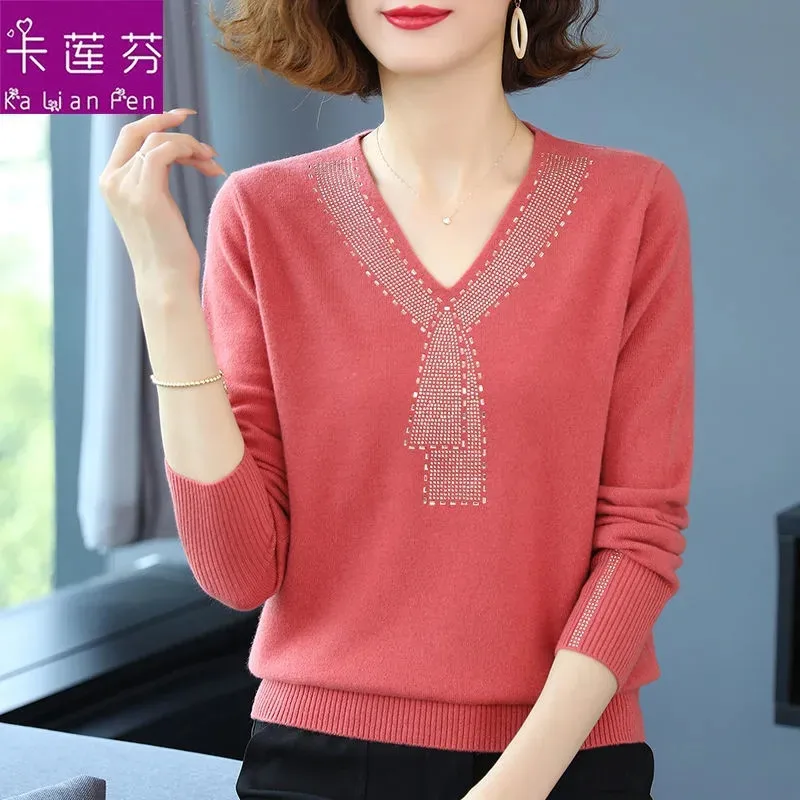 Mother Spring And Autumn Ladies Sweater Women Loose Fashion Diamond Knitted Sweater Winter Keep Warm Women Bottoming Shirt Top