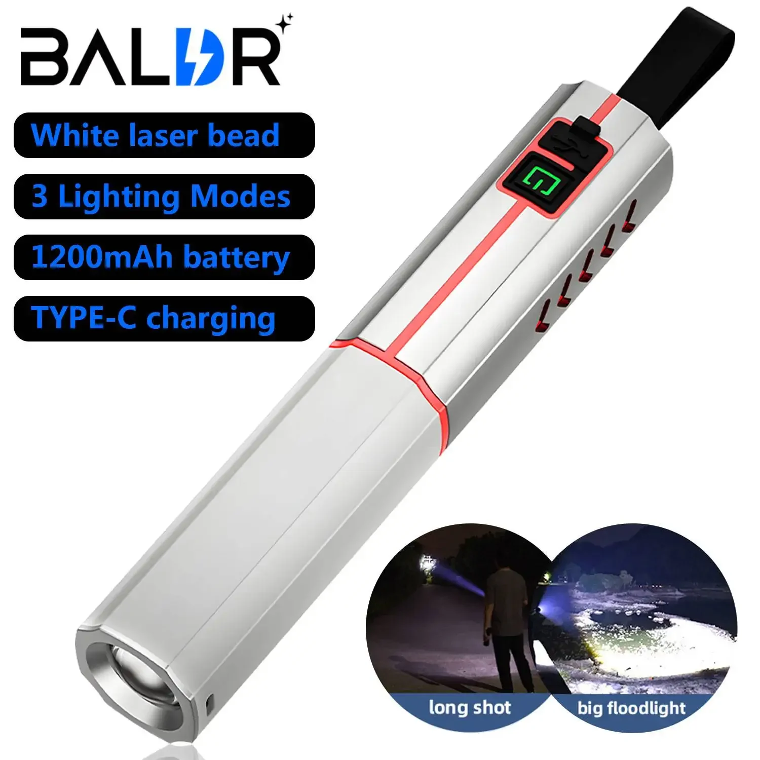 BALDR AH29 Powerful LED Flashlight USB Rechargeable Zoom Spotlight Flashlights With 3 Modes Torches For Outdoor Camping Fishing