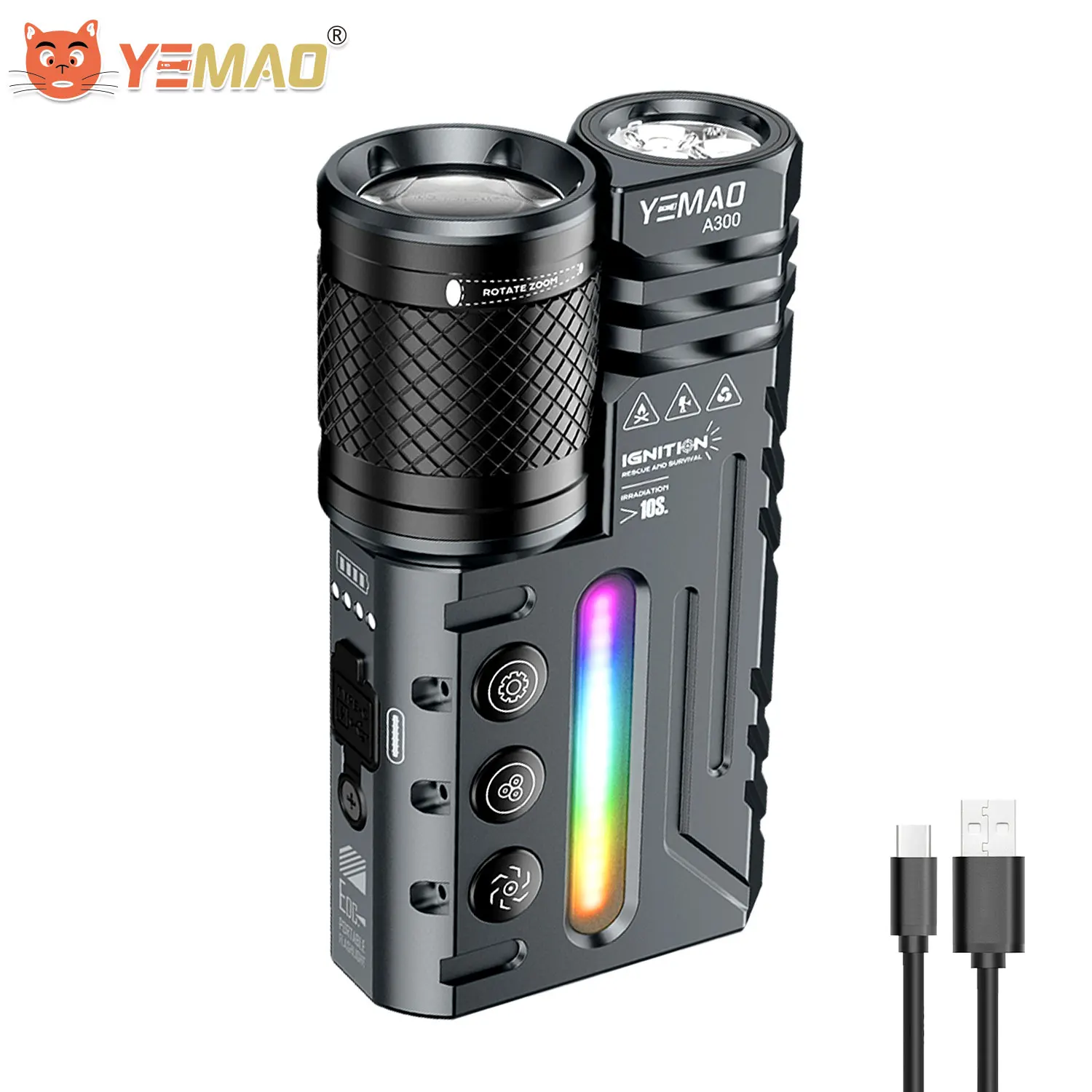 YEMAO A300 Dual-Core EDC Flashlight 3500LM Zoomable Floodlight/Throw 400m 3 Independent Switches RGB Atmosphere Light 4800mAh
