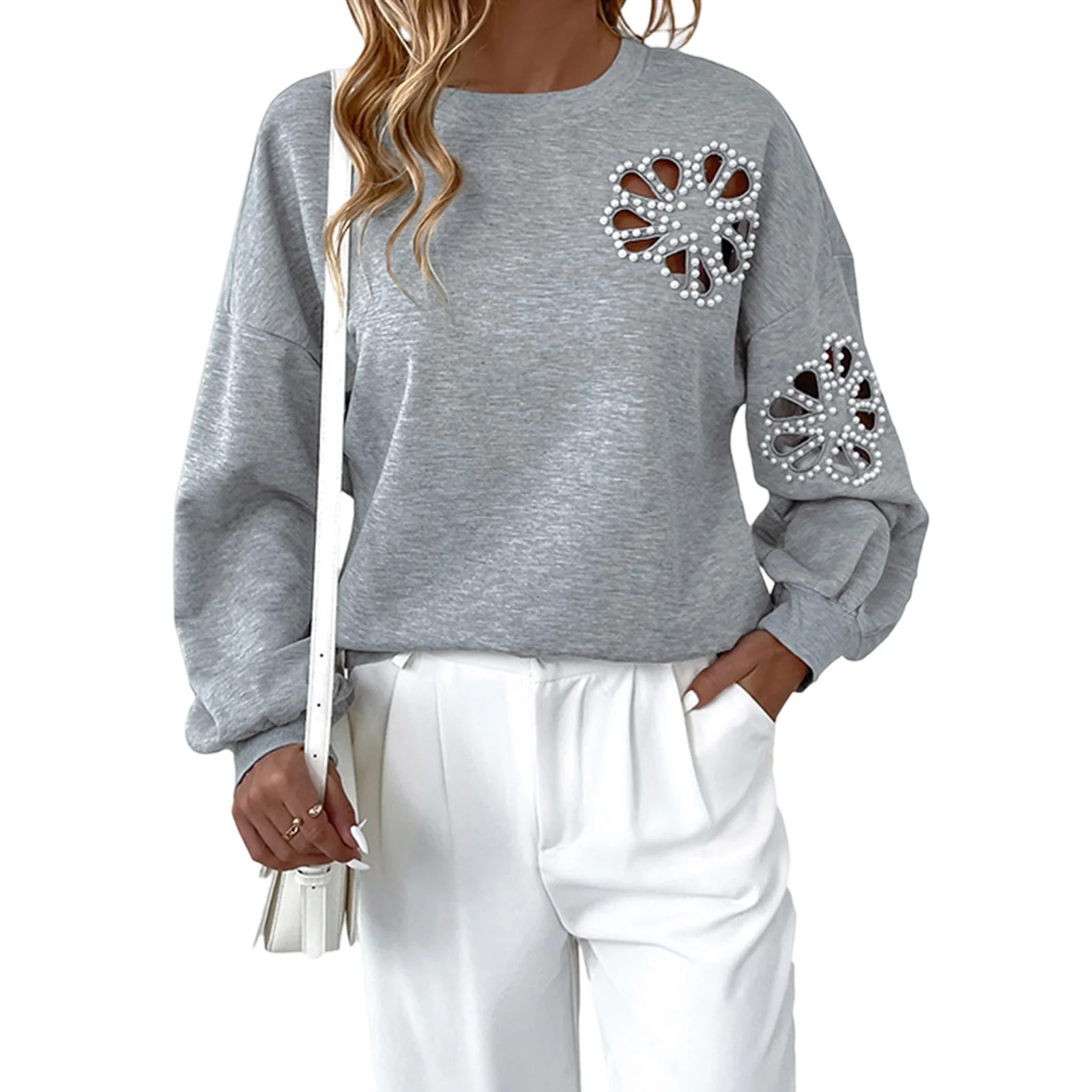 여성용 진주 스웨트셔츠 패셔너블 캐주얼 라운드 넥 꽃무늬 긴 소매 루즈 탑