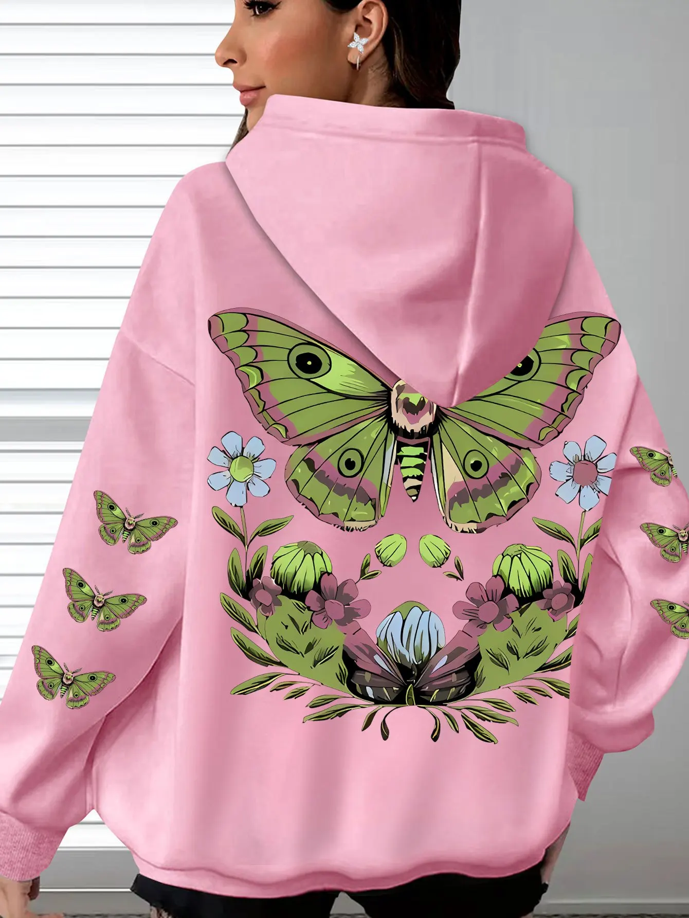Green Moon Moth Symmetrical Garden Blooms Pattern Hoodies Women Korean Fleece Hoody Pocket Y2K Hoodie Autumn Loose Pullover