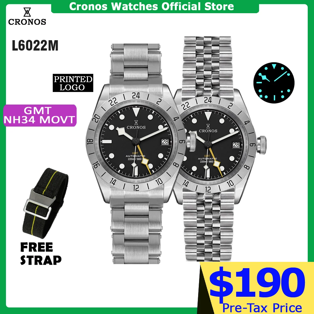 Cronos Vintage GMT 39mm NH34 Automatic Men Watch Mechanical Sapphire Glass Date Window BGW9 LUM Leather Strap Bracelet