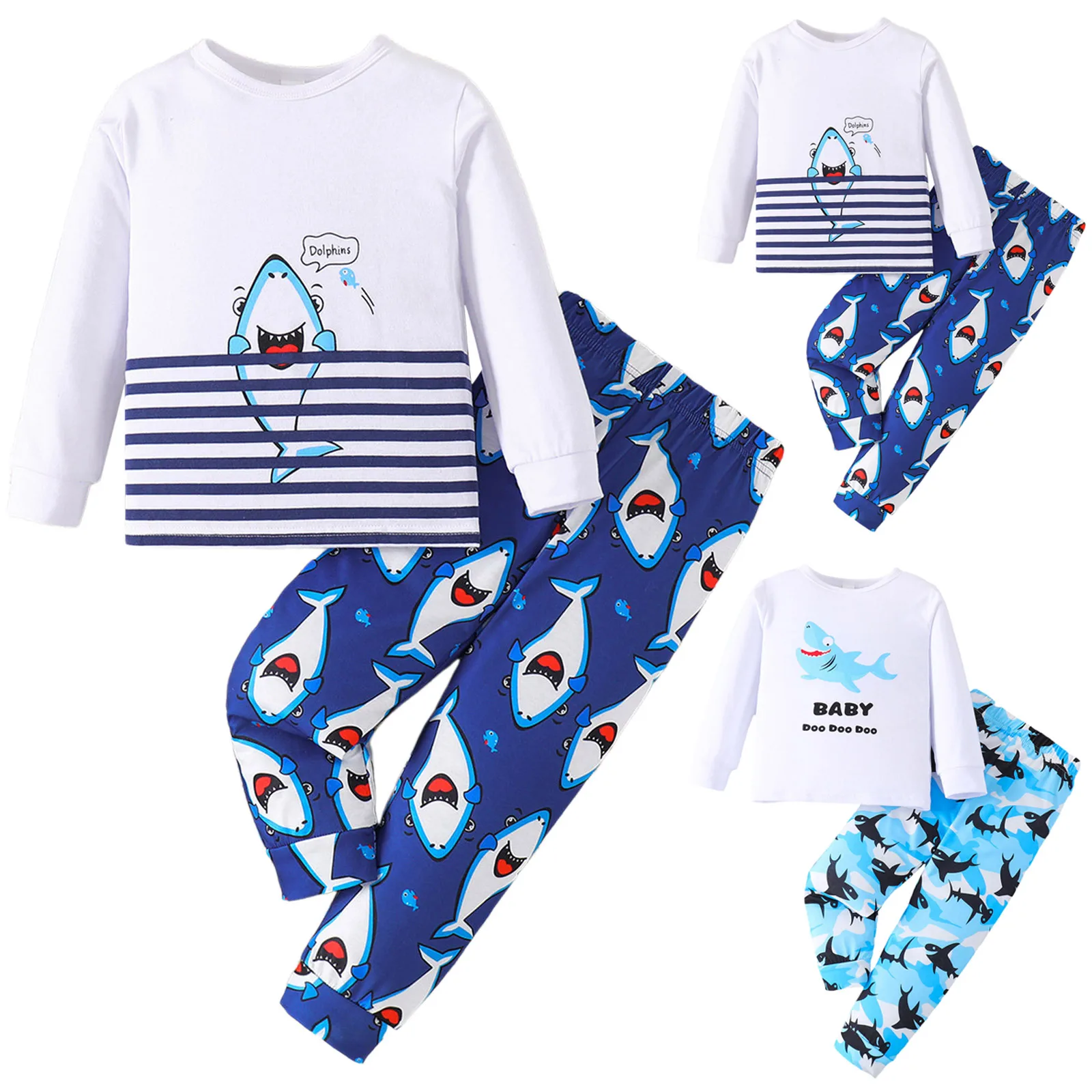 

Kids Comfortable Shark Printed Loungewear Set Crew Neck Long Sleeve Top Long Pants Two Piece Set Soft Breathable Homewear Sets