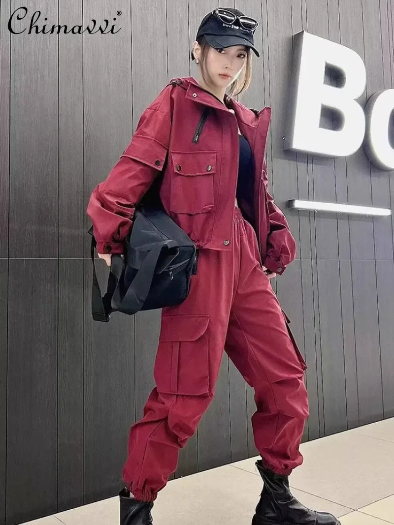 2024 Autumn New European and American Trends Versatile Fashion Casual Tooling Hooded Long-Sleeved Top Trousers Suit For Women