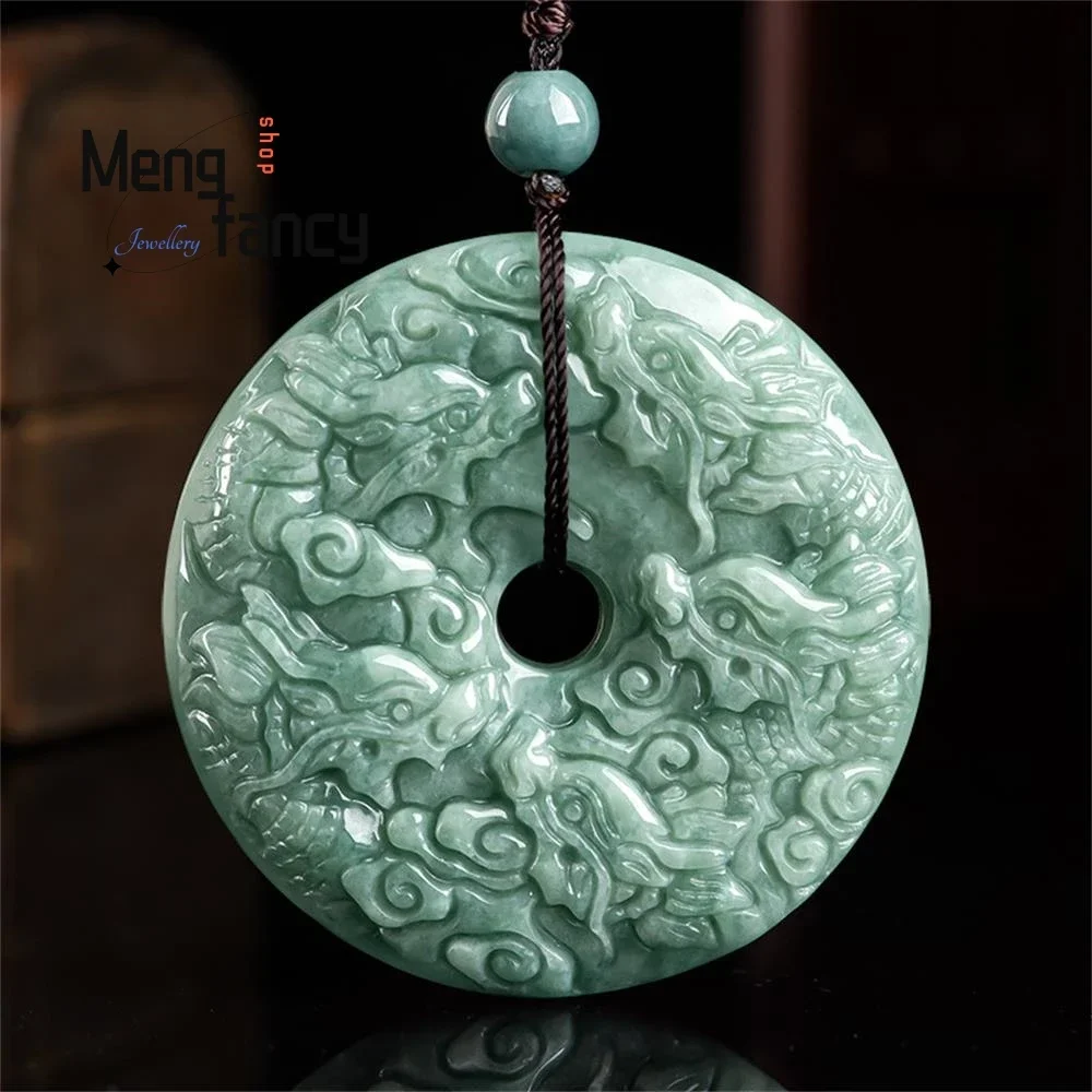 

Natural A-goods Jadeite Zodiac Nine Dragons Shelter Peace Button Jade Pendant Exquisite Engraver Handicraft Fashion Fine Jewelry