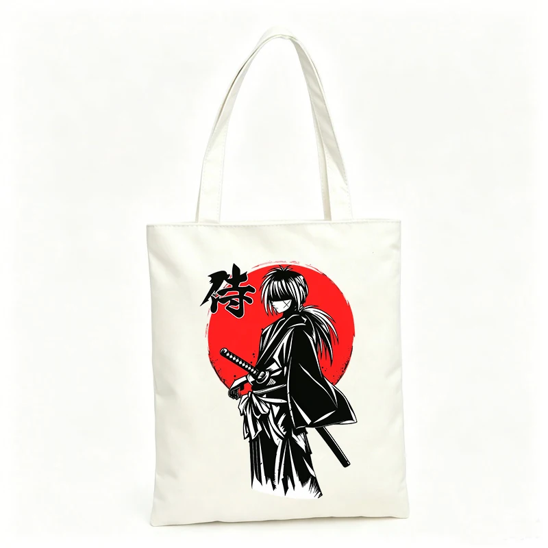 Women's canvas tote bag with samurai-inspired graphic and red circle design, ideal for casual daily use and street-style outings