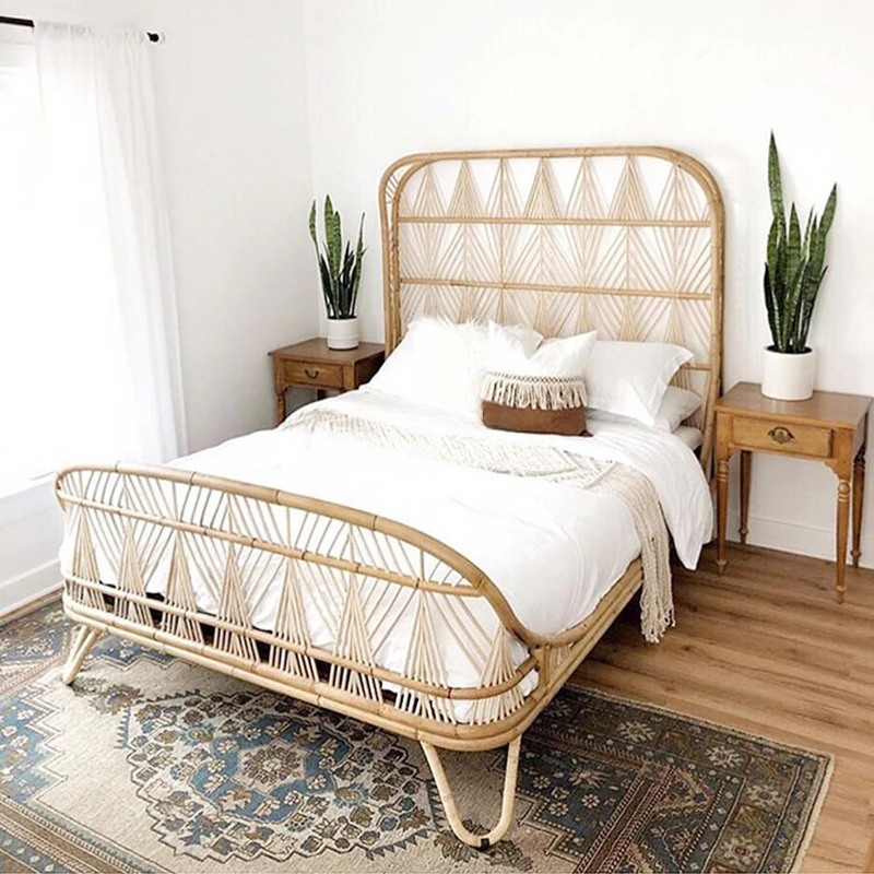 

Nordic rattan bed 1.8m double bed Indonesian real vine art bed hotel homestay ins wind rattan bed