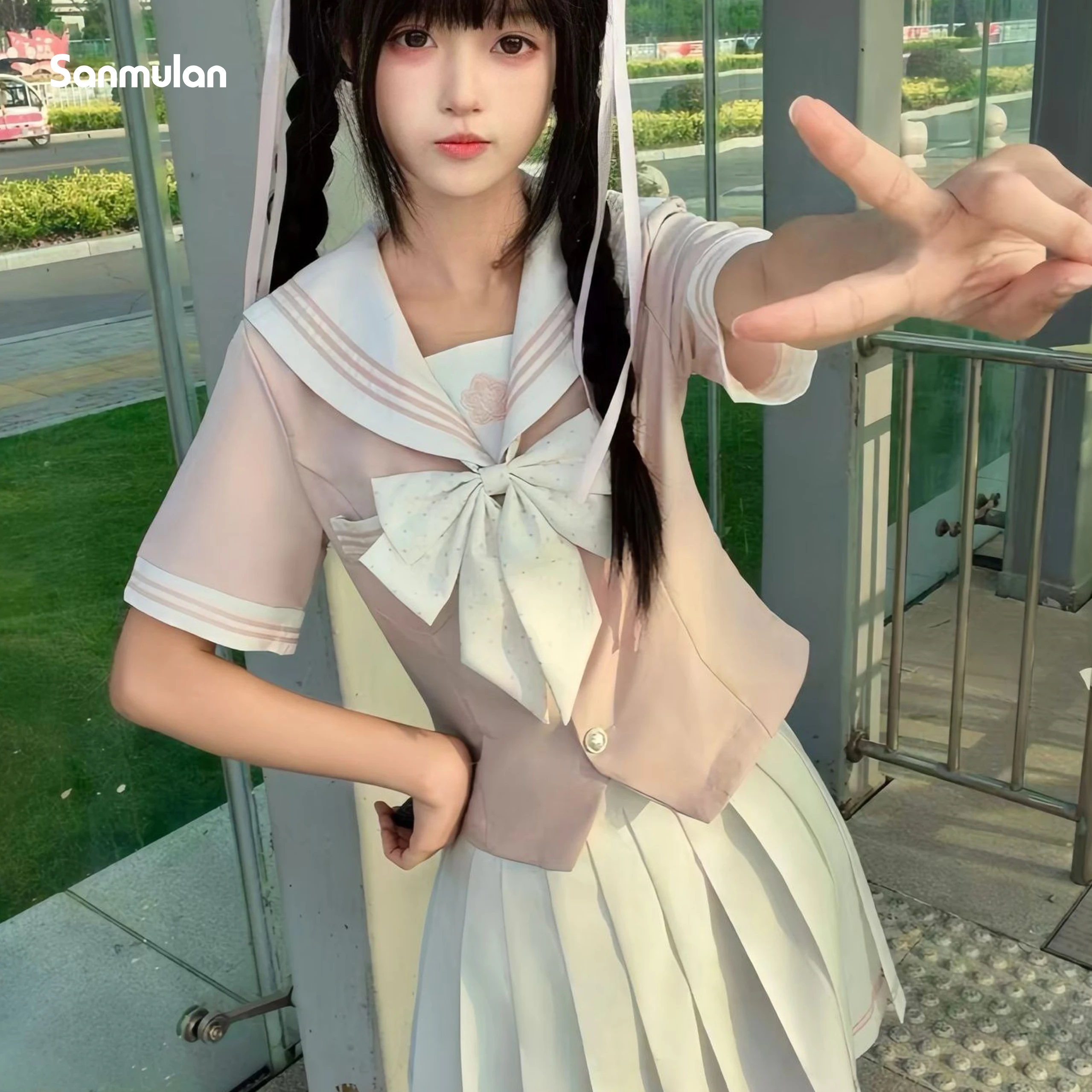 2026年夏-jkピンク新作セーラー服-スリムウエスト半袖和風セット-女子学生向けロールプレイング用