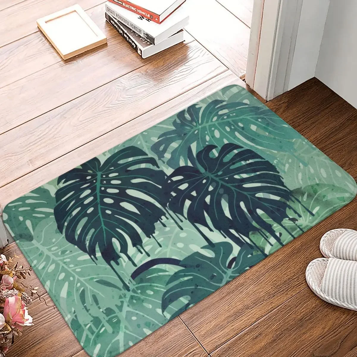 Monstera Melt in Green Doormat Rug Carpet Mat Footpad Polyester Anti-slip Sand Scraping Entrance Kitchen Bedroom Balcony Toilet