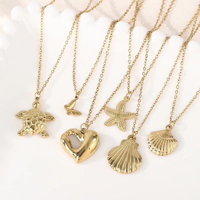 DLHP Stainless Steel Metal Texture Heart Pendant Necklace For Women Geometric Gold Color Ocean Charms Choker Necklace Gift Femme